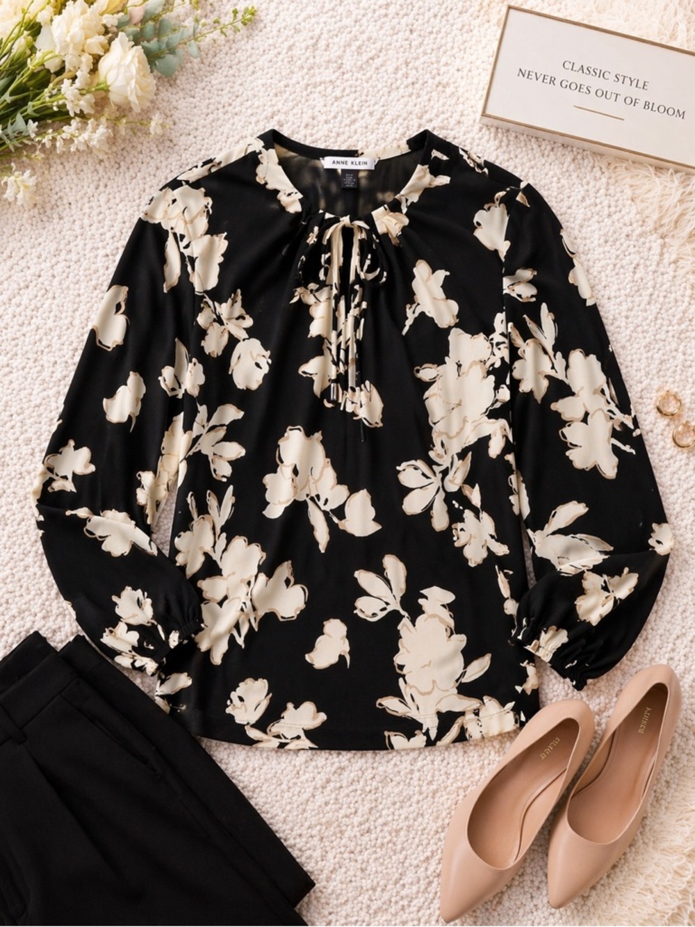 Anne Klein Tie-Front Split-Neck Blouse Black Multi Floral Size M NWT - Picture 3 of 6